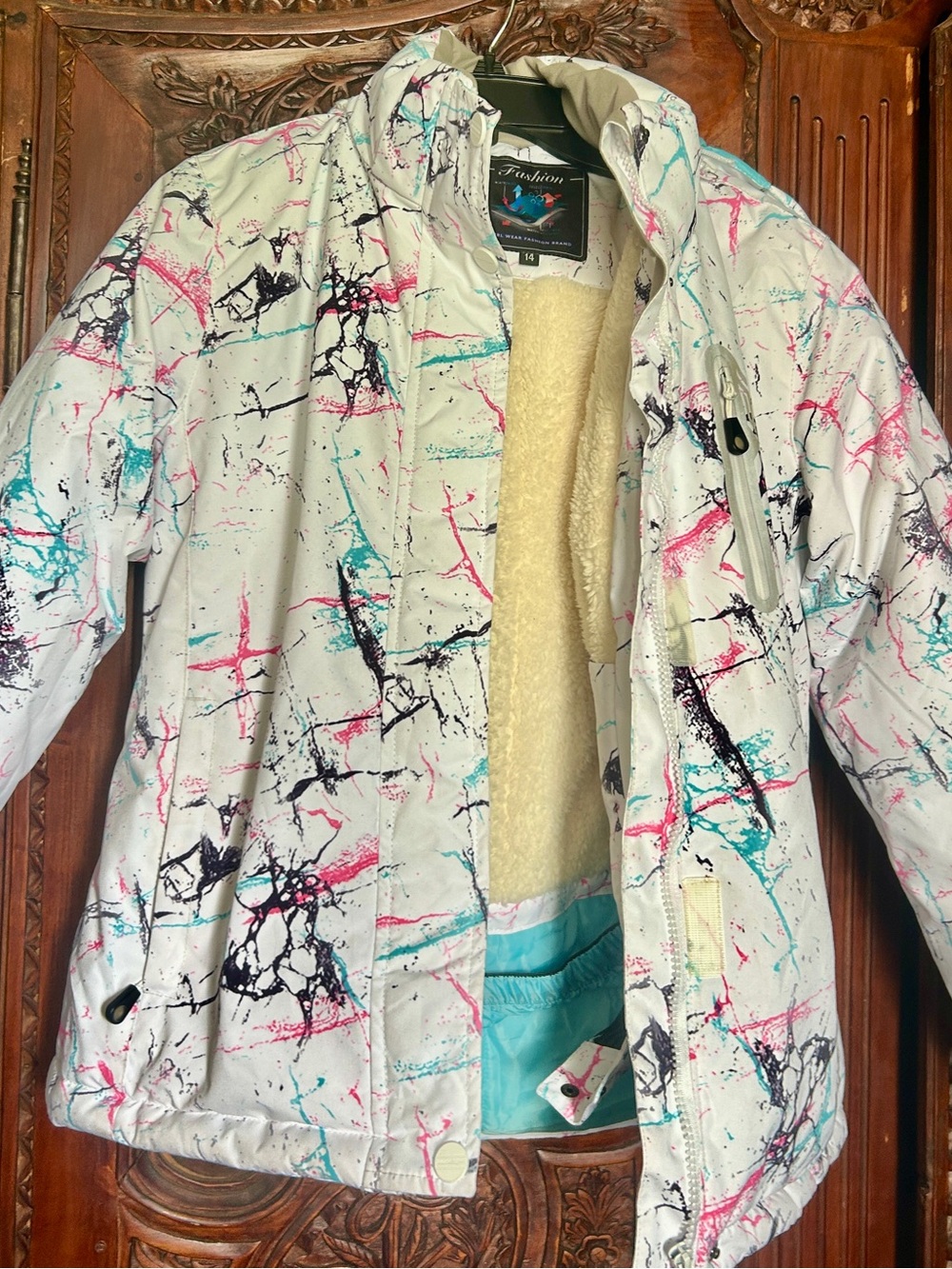 Kids White Abstract Print Puffer Jacket with Shearling Lining